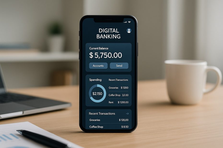 Modern digital banking interface displayed on smartphone with financial dashboard in a clean workspace.