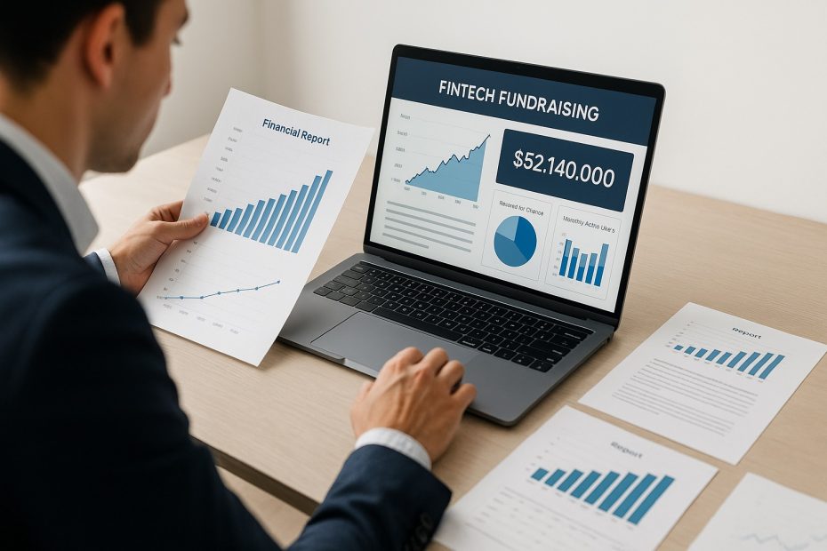 Founder reviewing fintech fundraising documents, growth charts, and financial projections on a modern laptop in a clean workspace.