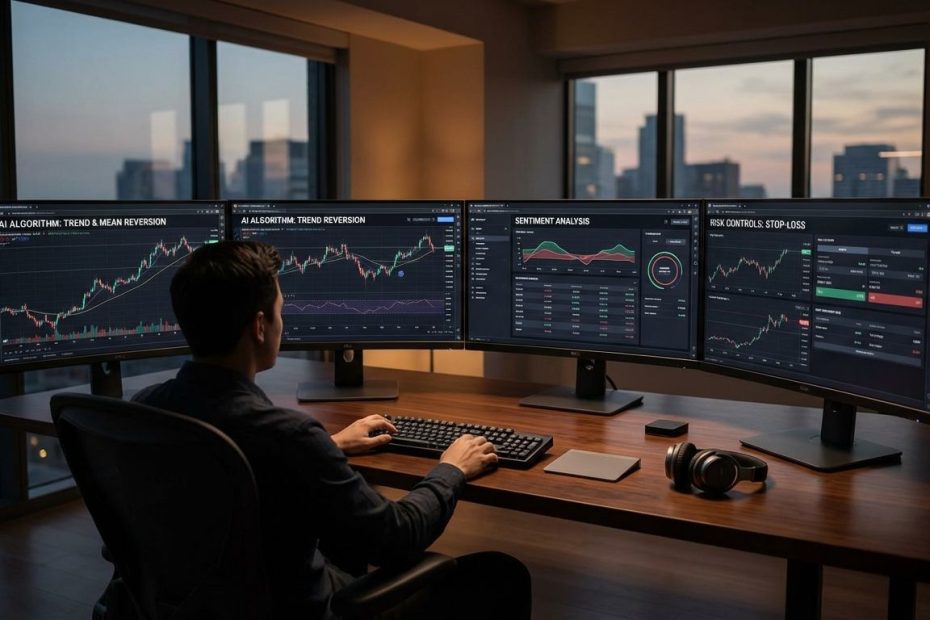 Trader monitoring AI trading algorithms and market charts on multiple screens