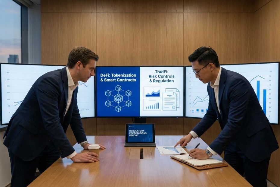 Institutional investors reviewing DeFi vs TradFi risk, controls, and tokenization on a digital dashboard