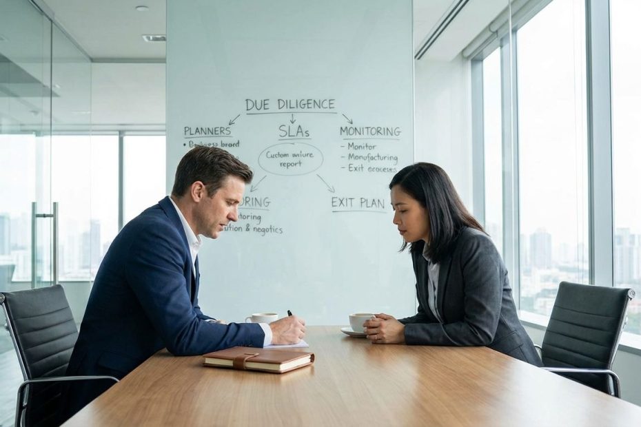 Fintech founder meeting a bank compliance officer to review sponsor bank strategy, due diligence checklist, and SLA terms.