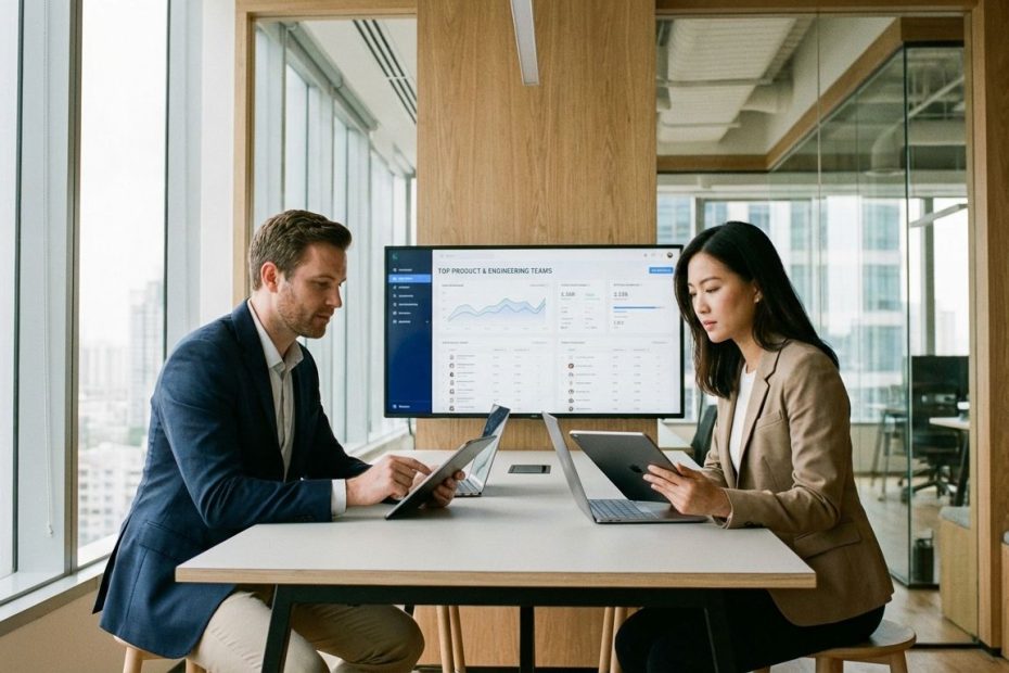 Fintech recruiter reviewing engineer and product candidate profiles with a hiring team in a conference room.