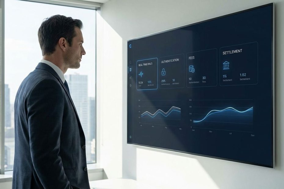 Payments analyst reviewing a dashboard of digital payments trends, including real-time payments, fraud checks, and settlement timing.