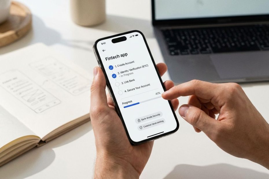 Product designer testing a fintech app onboarding checklist and KYC verification screens on a smartphone