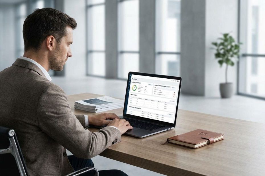 Compliance officer reviewing AML KYC checklist and data privacy controls on a laptop for a fintech payments platform