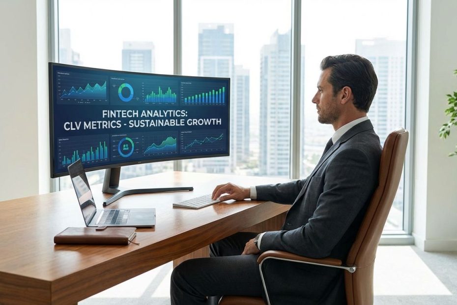 Analyst reviewing Customer Lifetime Value metrics on a fintech dashboard to measure retention, margin, and sustainable growth