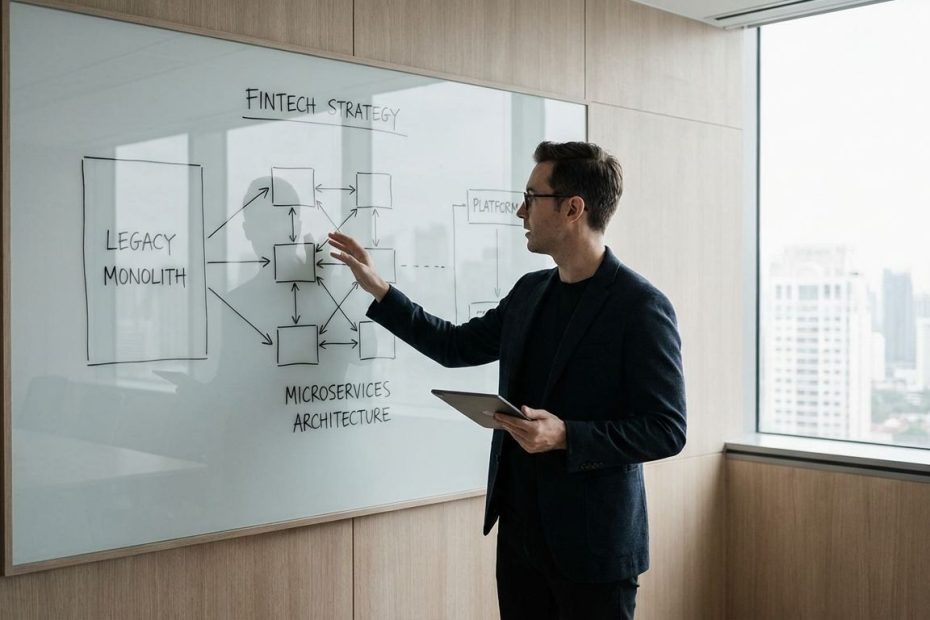 Fintech CTO reviewing monolith to microservices modernization plan on a digital system architecture board