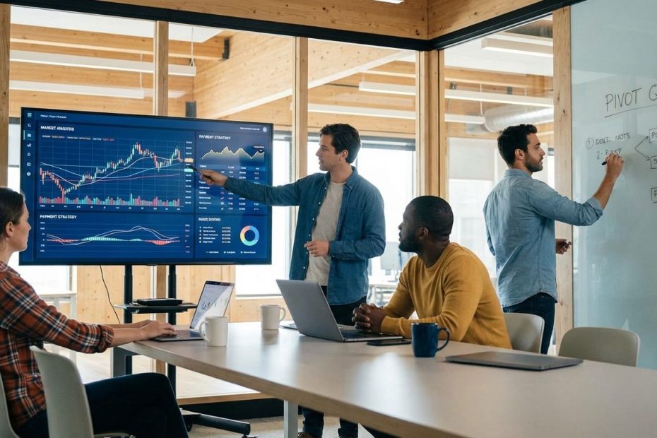 Fintech team reviewing payment data and strategy charts during a market pivot meeting