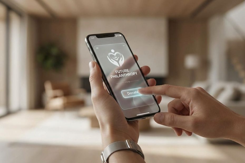 Person using a smartphone donation app with digital payment and charity icons representing technology in philanthropy