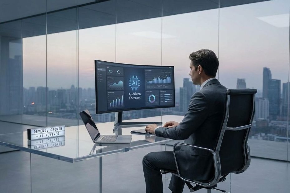 Finance professional reviewing AI revenue forecasting charts and growth prediction data on a laptop dashboard