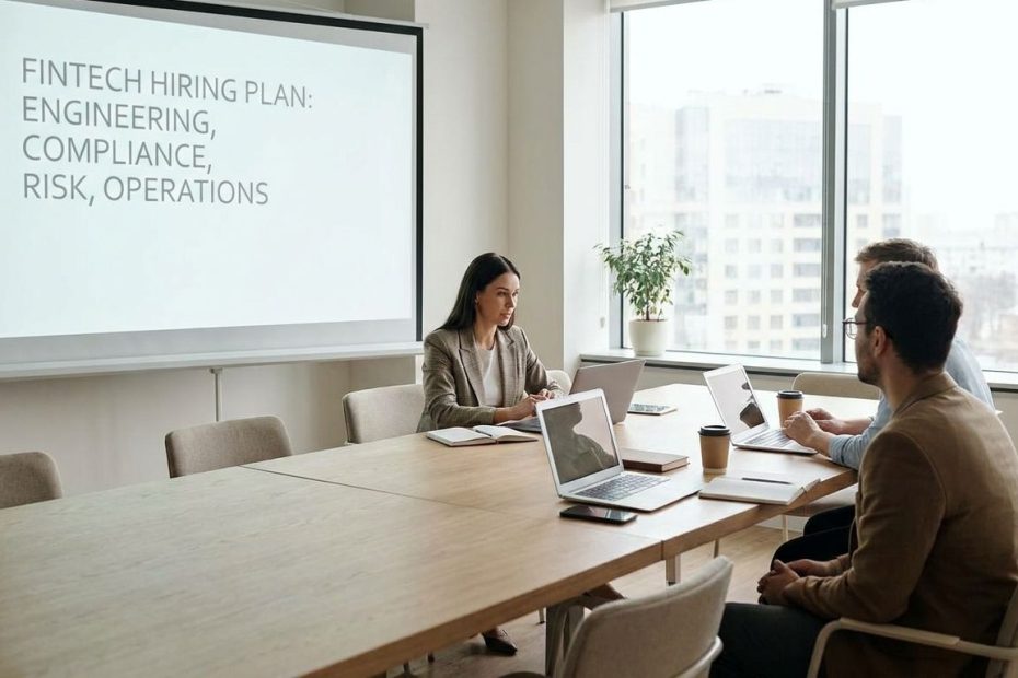 Founder leading a fintech hiring meeting with product, engineering, compliance, and operations team members