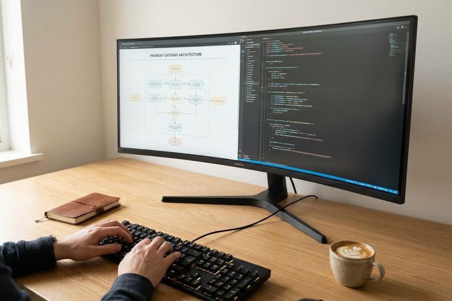 Developer reviewing payment gateway integration flow on a laptop dashboard with checkout, API, and webhook architecture
