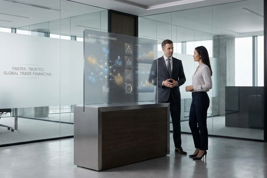 Supply chain finance professionals reviewing blockchain-based global trade data on a digital dashboard with cargo containers in the background