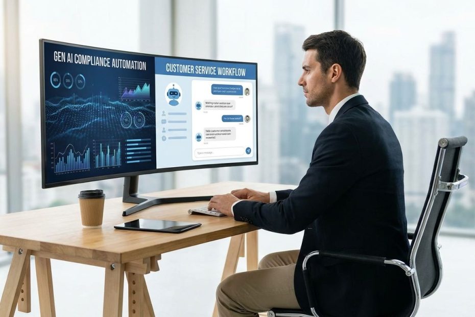 Banking professional reviewing generative AI dashboards for compliance automation and customer service support