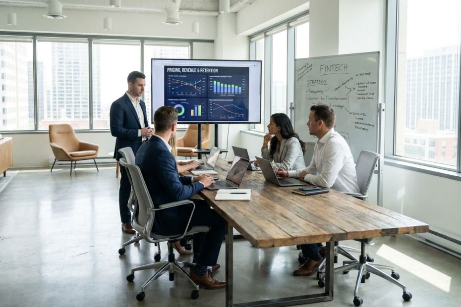 Finance team reviewing a fintech pricing strategy dashboard with revenue, retention, and transaction metrics