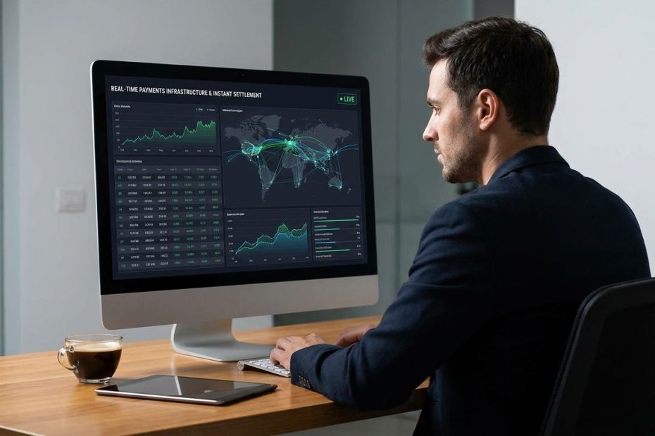 Engineer monitoring a real-time payments infrastructure dashboard for instant settlement systems