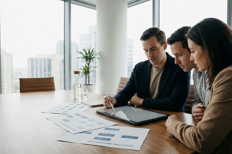 Banking team reviewing core modernization migration options on a screen