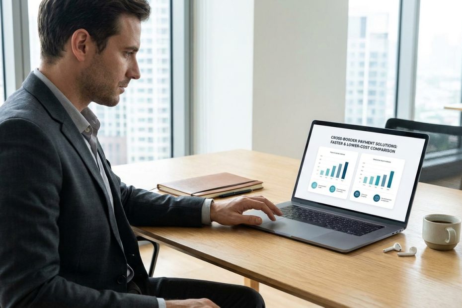 Business professional reviewing cross-border payment options on a laptop