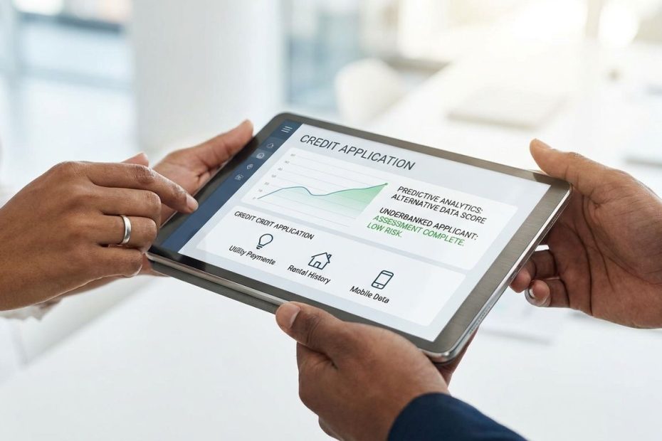A borrower reviews a digital loan application while a lender analyzes alternative financial data on a laptop.