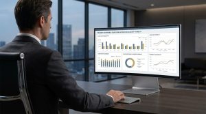 CFO reviewing treasury management technology dashboard for cash flow and liquidity