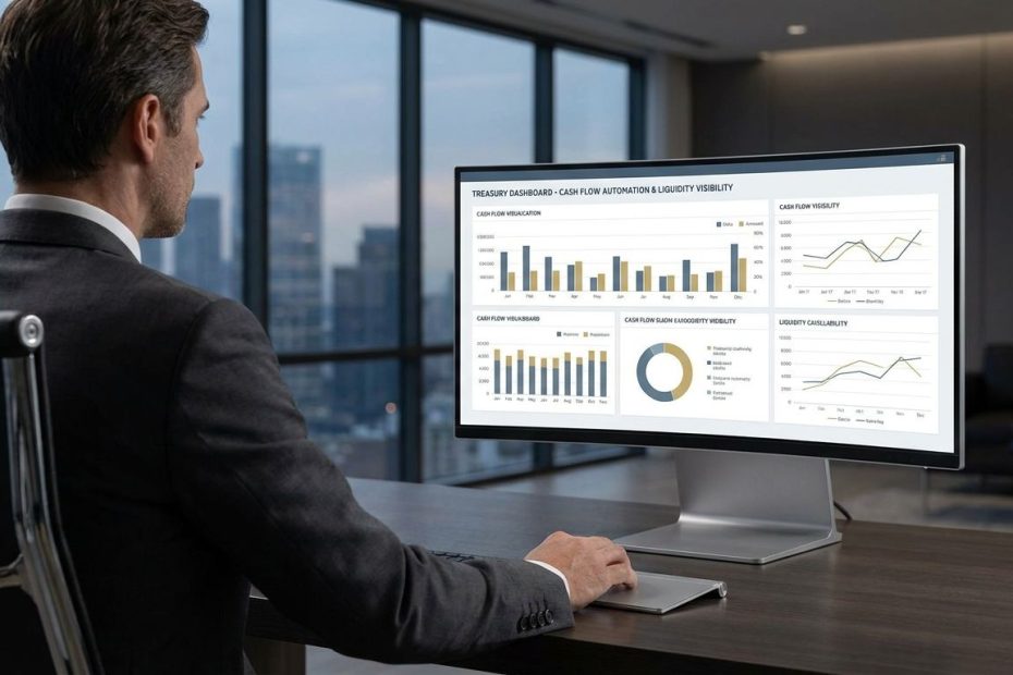 CFO reviewing treasury management technology dashboard for cash flow and liquidity