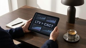 Fintech analyst reviewing CAC, LTV, and payback period metrics on a dashboard