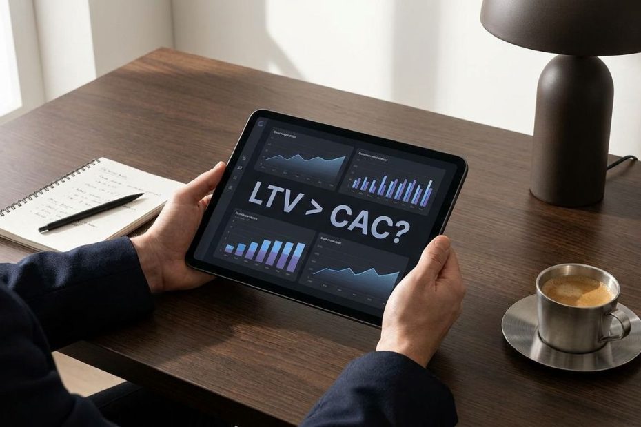 Fintech analyst reviewing CAC, LTV, and payback period metrics on a dashboard