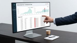 Fraud analyst reviewing machine learning payment risk scores on a dashboard