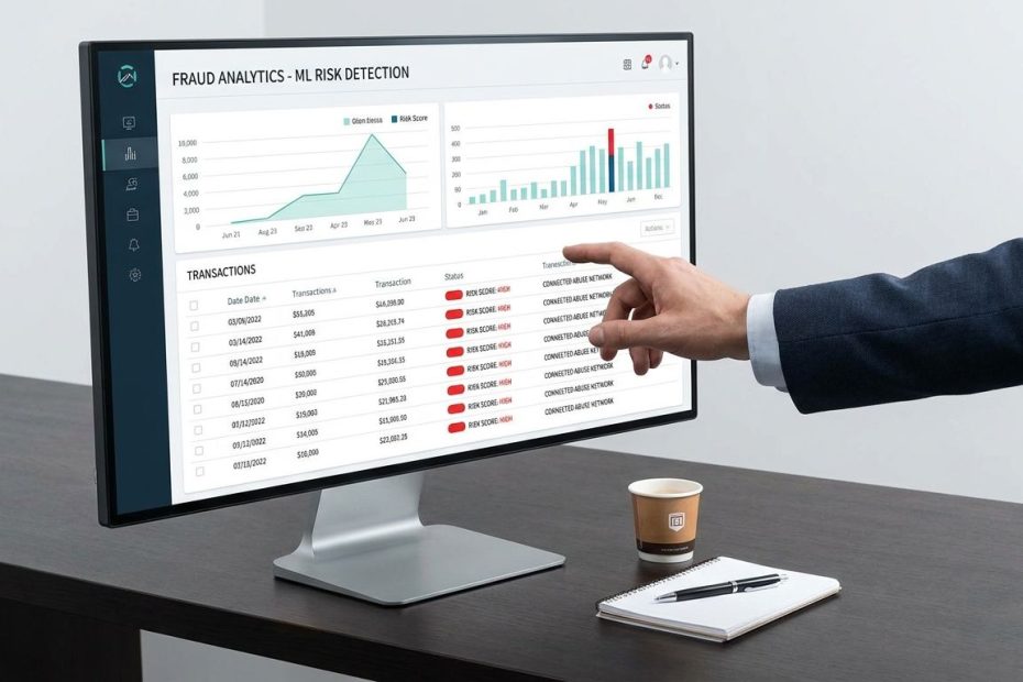 Fraud analyst reviewing machine learning payment risk scores on a dashboard
