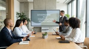 Fintech founders meeting with advisors to discuss roles, compensation, compliance, and recruitment