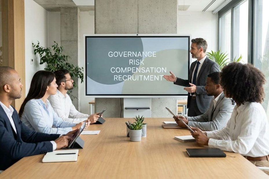 Fintech founders meeting with advisors to discuss roles, compensation, compliance, and recruitment