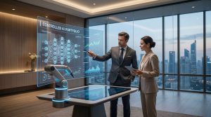 Financial advisor reviewing an AI-powered autonomous portfolio dashboard with an investor