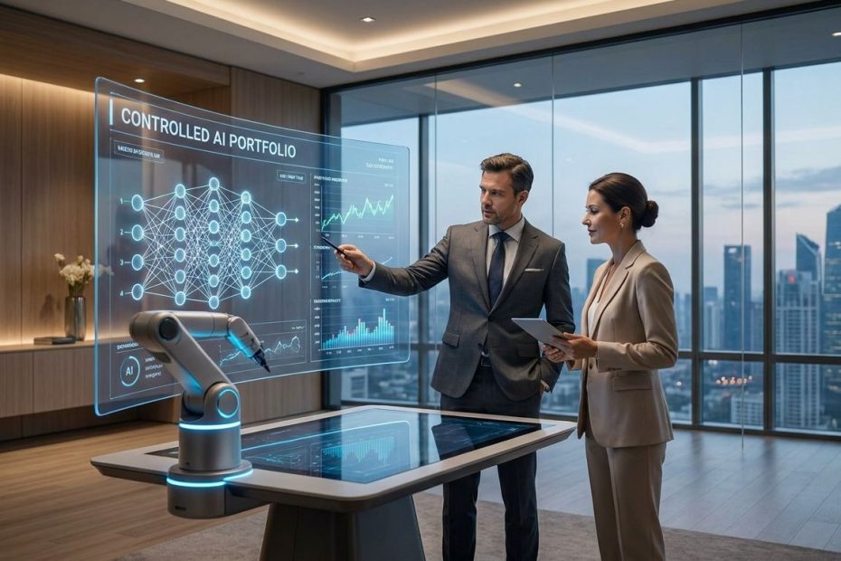 Financial advisor reviewing an AI-powered autonomous portfolio dashboard with an investor