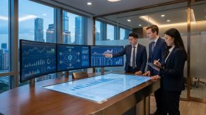 Institutional investors reviewing blockchain-based real-world asset tokenization data on a digital dashboard