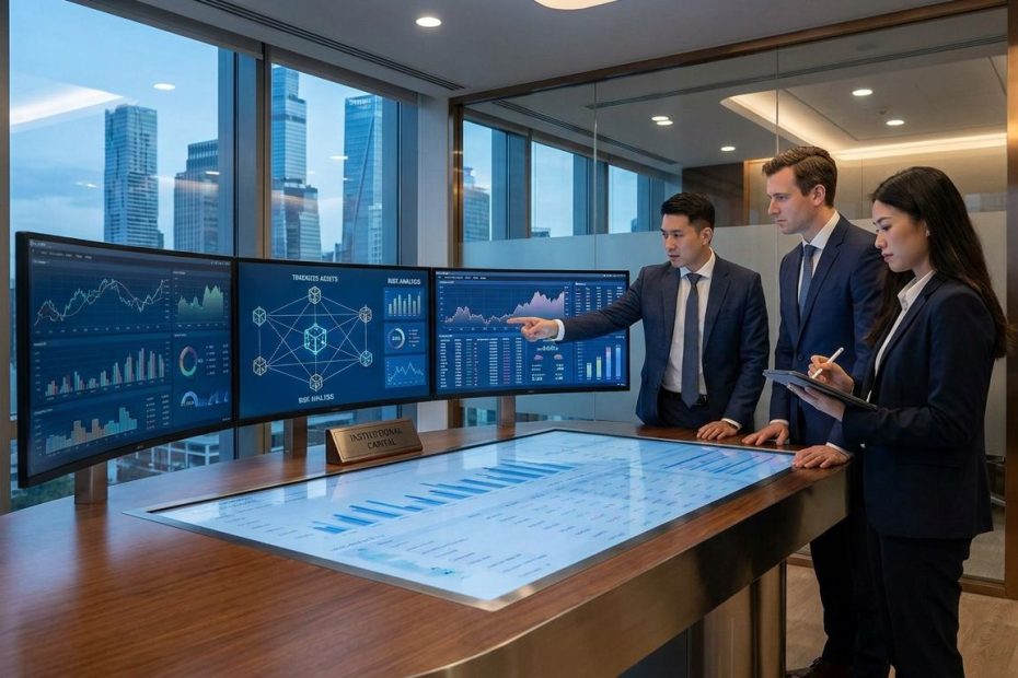 Institutional investors reviewing blockchain-based real-world asset tokenization data on a digital dashboard